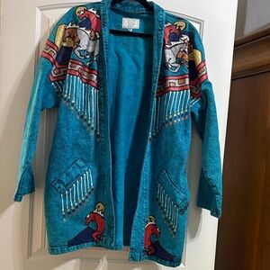 Acid-wash Turquoise Jean Jacket w/hand-painted horse motif. Wearable art
